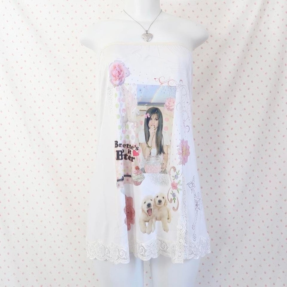 white lace tube top mini dress puppy cupcake collage graphic y2k mcbling